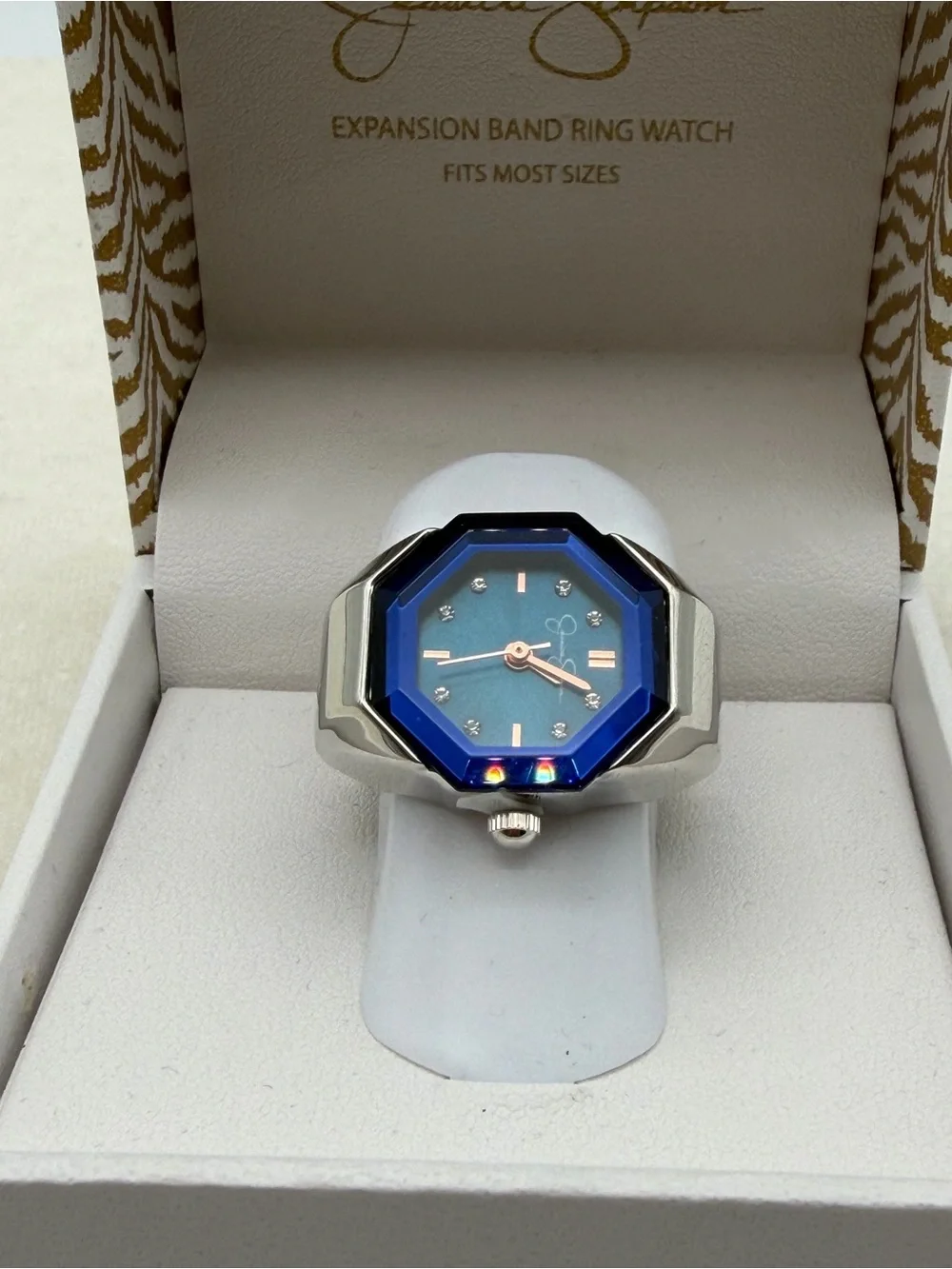Jessica Simpson Blue Bezel Ring Watch with Silver Band